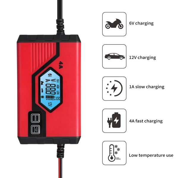 Autós akkumulátortöltő 4 Amperes 6V/12V Teljesen automatikus