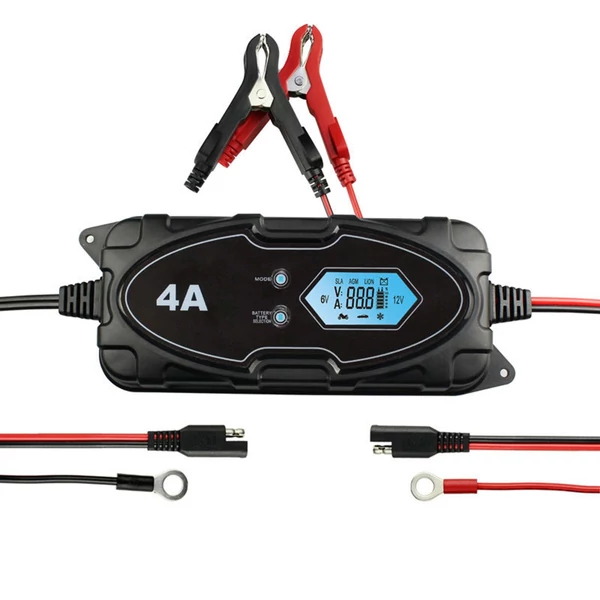 Autós akkumulátortöltő 4 Amperes 6V/12V Teljesen automatikus LCD képernyővel - Fekete