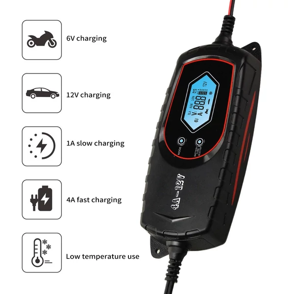 Autós akkumulátortöltő 4 Amperes 6V/12V Teljesen automatikus LCD képernyővel - Fekete