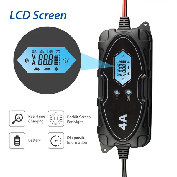 Autós akkumulátortöltő 4 Amperes 6V/12V Teljesen automatikus LCD képernyővel - Fekete