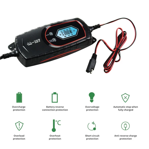 Autós akkumulátortöltő 4 Amperes 6V/12V Teljesen automatikus LCD képernyővel - Fekete