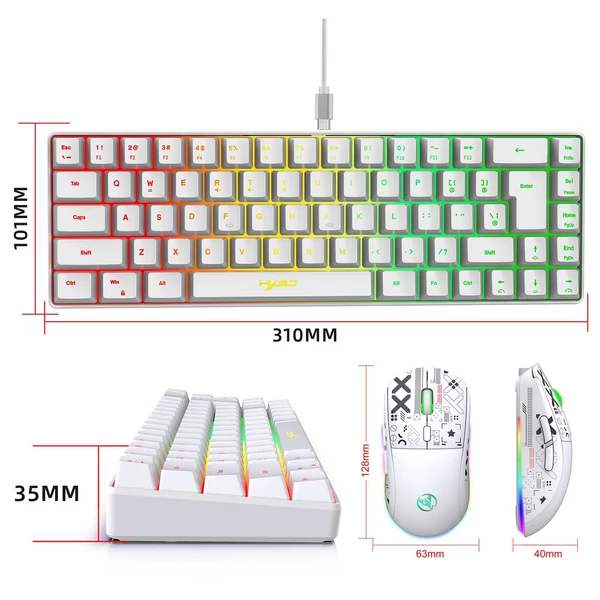 HXSJ V200 vezetékes K68 RGB Streamer mini Gaming billentyűzetés 2.4G vezeték nélküli mechanikus RGB játékegér 3600DPI - Fehér