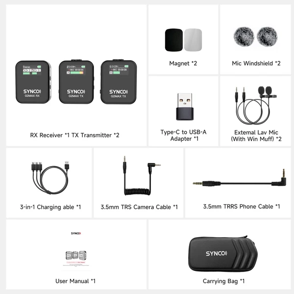 SYNCO G2MAX 2.4G vezeték nélküli mikrofonrendszer Clip-on mikrofon - 1-trigger-2