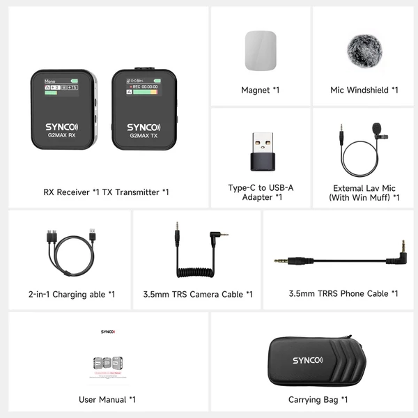 SYNCO G2MAX 2.4G vezeték nélküli mikrofonrendszer Clip-on mikrofon - 1-trigger-1