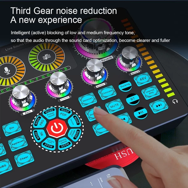 Élő hangkártya hangkeverő felvétel asztali ének DC 5V Type-C 3 sebességes zajcsökkentés BT 48V fantom tápegység