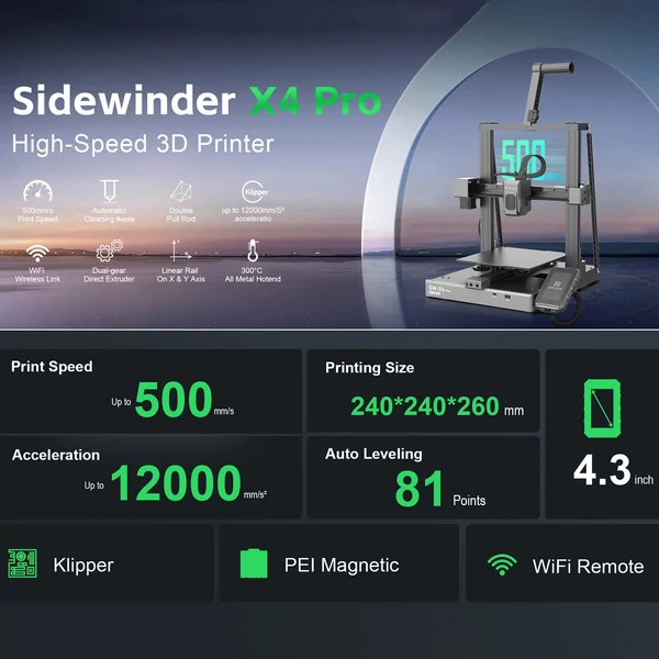 Artillery Sidewinder X4 PRO 500mm/s sebességű FDM 3D nyomtató