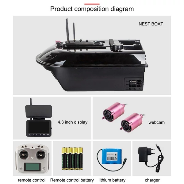 4,3 hüvelykes monitor, kettős kamera Vizuális GPS távirányító Halfészek csónak
