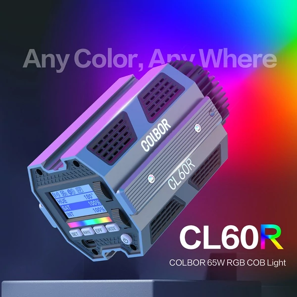 COLBOR CL60R hordozható RGB videolámpa 65 W COB fényképező lámpa LCD képernyővel, 13 FX speciális effektussal, hűtőrendszerrel