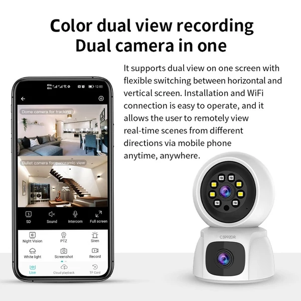 1080P vezeték nélküli biztonsági 3 megapixeles kamera kettős objektíves WiFi-vel, pásztázható/dönthető