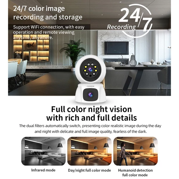 1080P vezeték nélküli biztonsági 3 megapixeles kamera kettős objektíves WiFi-vel, pásztázható/dönthető