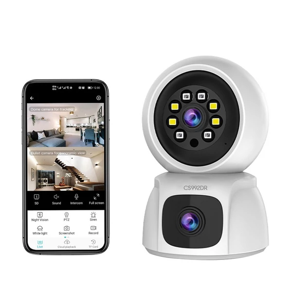 1080P vezeték nélküli biztonsági 3 megapixeles kamera kettős objektíves WiFi-vel, pásztázható/dönthető