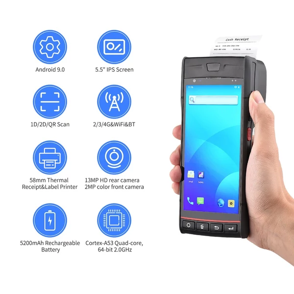 5,5 hüvelykes érintőképernyős kézi POS nyugtanyomtató Android 9.0 PDA terminál 1D/2D/QR vonalkódolvasó
