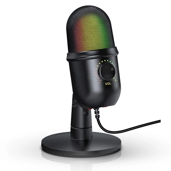 RGB kondenzátor mikrofon Kardioid USB mikrofon színes fényeffektussal, egygombos némítás, valós idejű monitorozás