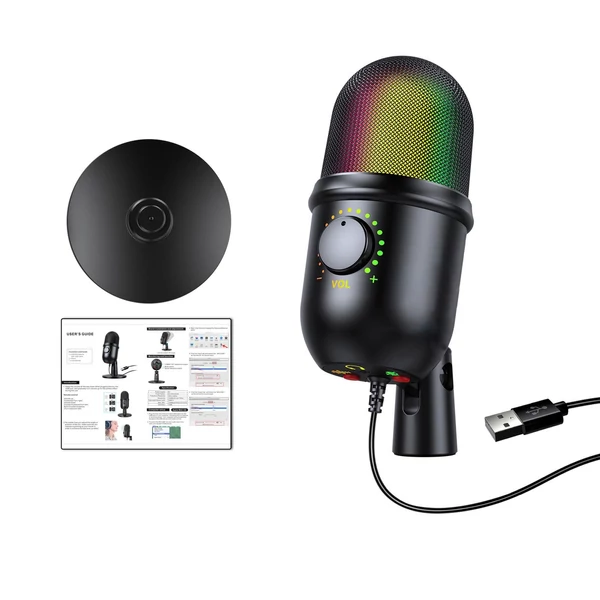 RGB kondenzátor mikrofon Kardioid USB mikrofon színes fényeffektussal, egygombos némítás, valós idejű monitorozás