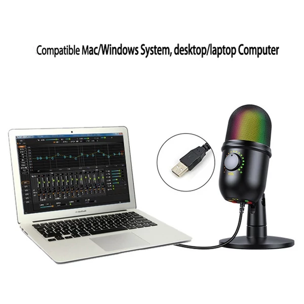 RGB kondenzátor mikrofon Kardioid USB mikrofon színes fényeffektussal, egygombos némítás, valós idejű monitorozás