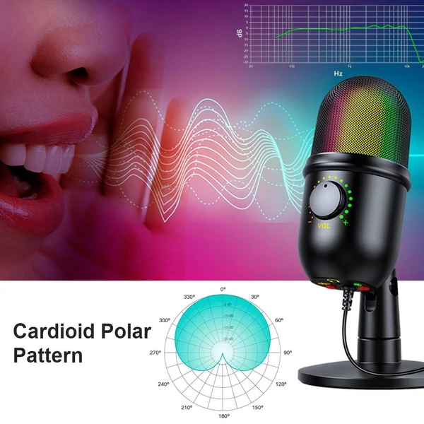 RGB kondenzátor mikrofon Kardioid USB mikrofon színes fényeffektussal, egygombos némítás, valós idejű monitorozás