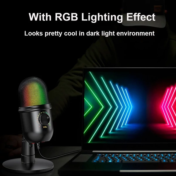 RGB kondenzátor mikrofon Kardioid USB mikrofon színes fényeffektussal, egygombos némítás, valós idejű monitorozás