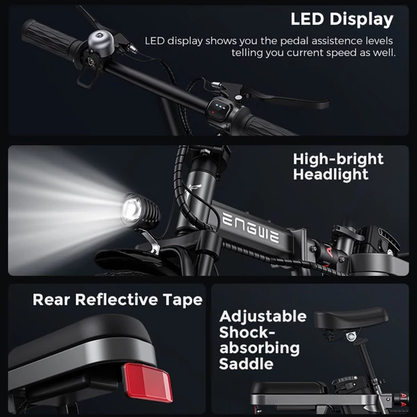 ENGWE T14 Ebike 14 hüvelykes, 250 W-os agymotor többszörös felfüggesztésű, összecsukható elektromos kerékpár 50-60 km átfutási mód tartomány