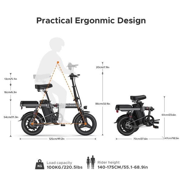 ENGWE T14 Ebike 14 hüvelykes, 250 W-os agymotor többszörös felfüggesztésű, összecsukható elektromos kerékpár 50-60 km átfutási mód tartomány