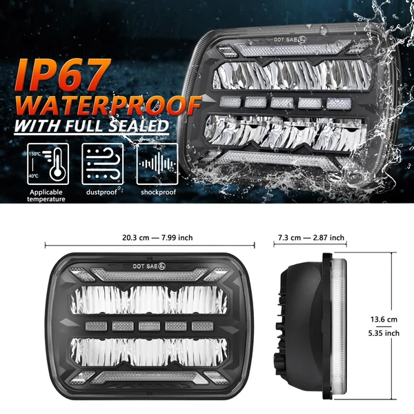 1 pár 7x6 LED-es fényszóró 5x7 négyzet alakú nappali menetfénnyel, irányjelző lámpa távolsági/tompított fény