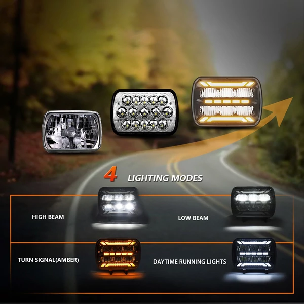 1 pár 7x6 LED-es fényszóró 5x7 négyzet alakú nappali menetfénnyel, irányjelző lámpa távolsági/tompított fény