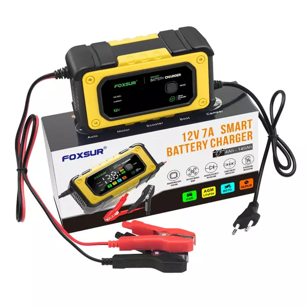 FOXSUR intelligens autós akkumulátortöltő nagy, színes kijelzővel - Sárga