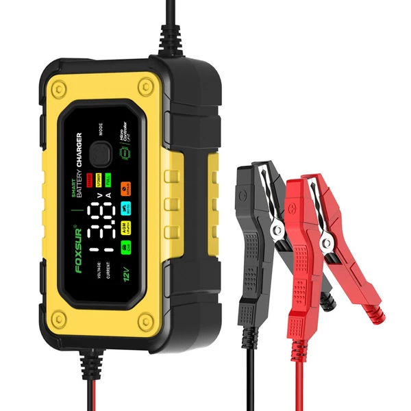 FOXSUR intelligens autós akkumulátortöltő nagy, színes kijelzővel - Sárga