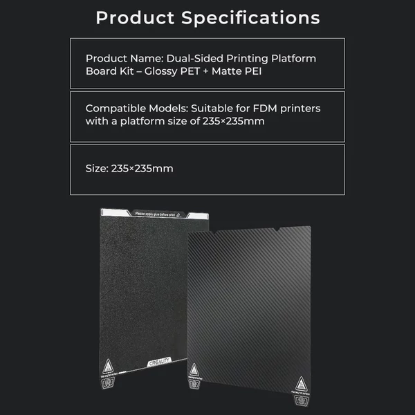 Creality 235x235 mm-es kétoldalas nyomtatóplatform táblakészlet - Fényes PET + bevont PEI