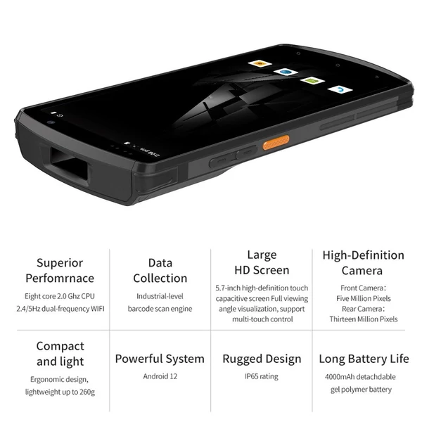 Android 12.0 vonalkódolvasó kézi PDA-terminál 2D szkennelő modullal, 5,7 hüvelykes érintőképernyő