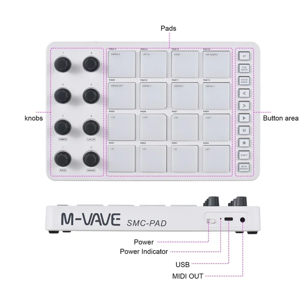 M-VAVE hordozható MIDI kontroller Strike Pad RGB háttérvilágítású MIDI billentyűzet, SMC-PAD