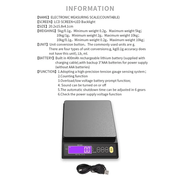 Újratölthető elektromos konyhai mérleg IP67 vízálló, nagy pontossággal - 5kg/0,1g