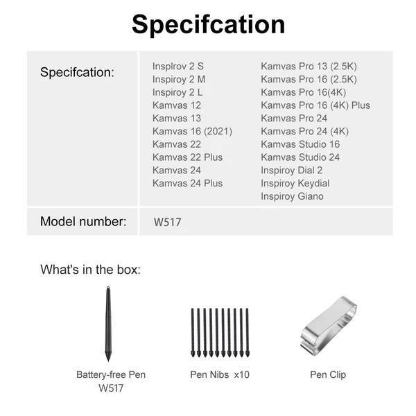 W517 elem nélküli Stylus Pen 8192 nyomásszint 2 testreszabható kulccsal, 10 db tollheggyel