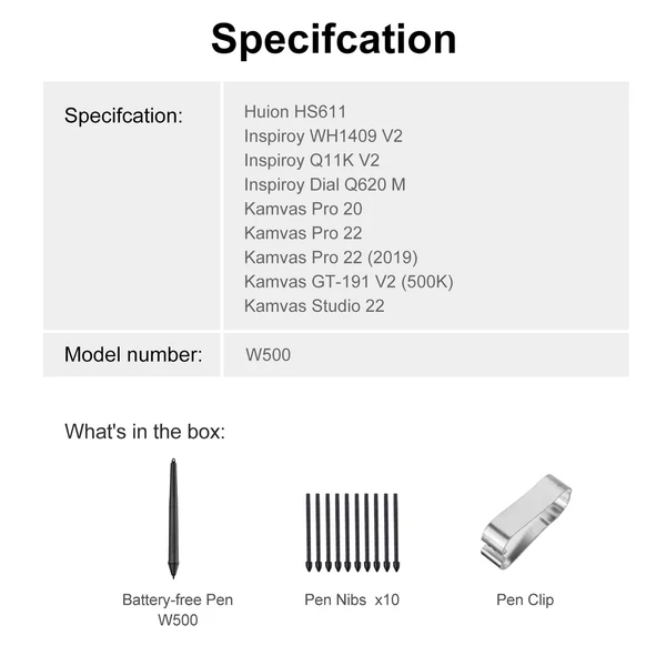 W500 elem nélküli Stylus Pen 8192 nyomásszintek 2 testreszabási kulccsal, 10 db-os tollheggyel