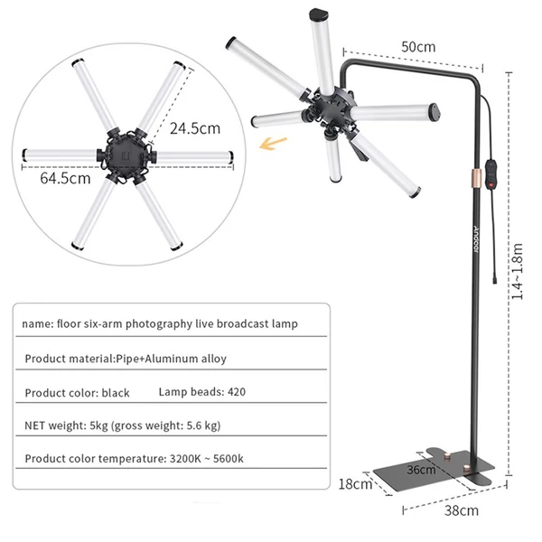 Andoer HD-M26X padló LED videolámpa 6 karos kitöltő lámpa