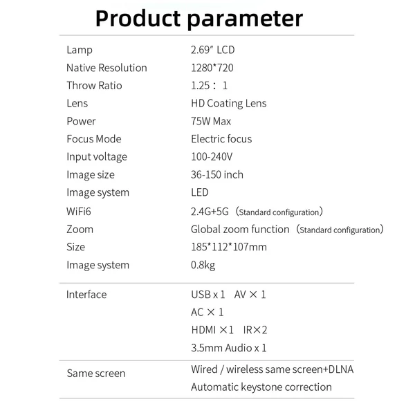 T100 720P mini projektor WiFi6 támogatással