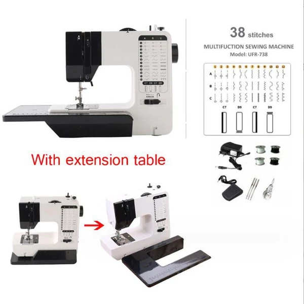 Hordozható elektromos varrógép beépített bővítőasztallal, 38 öltéssel
