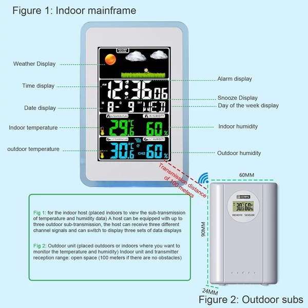Többfunkciós vezeték nélküli otthoni/irodai meteorológiai állomás színes digitális kijelzővel - Típus 1