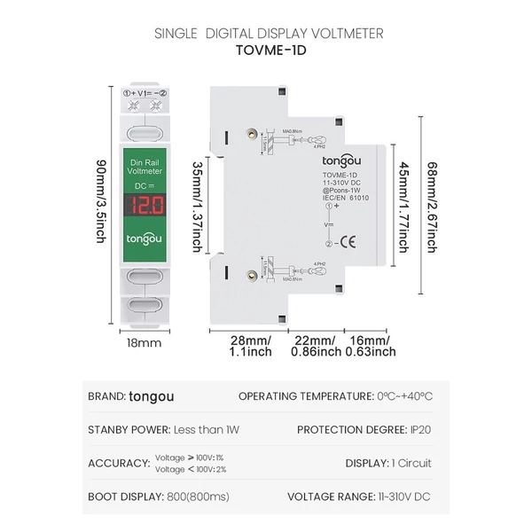 Kompakt egyenáramú feszültségmérő DC11V-310V intelligens LED digitális kijelzővel - TOVME-1D