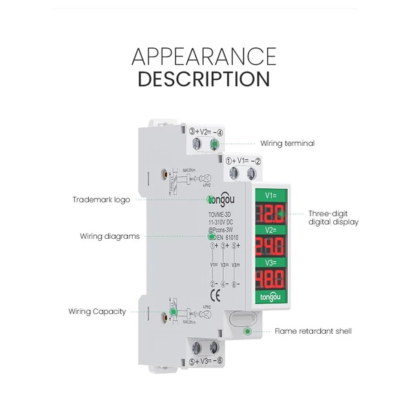 Kompakt egyenáramú feszültségmérő DC11V-310V intelligens LED digitális kijelzővel - TOVME-1D