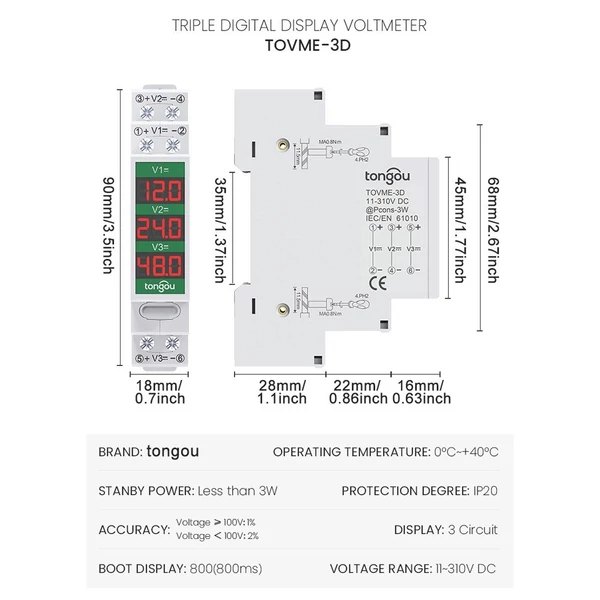 Kompakt egyenáramú feszültségmérő DC11V-310V intelligens LED digitális kijelzővel - TOVME-3D