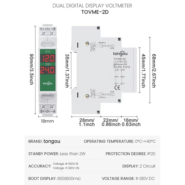 Kompakt egyenáramú feszültségmérő DC11V-310V intelligens LED digitális kijelzővel - TOVME-3D