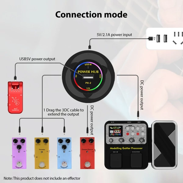 PH-2 mini effektor tápegység 3 csatornás kimenet 9V12V15V alacsony zajszintű hangszer effektor tápegység táp HUB