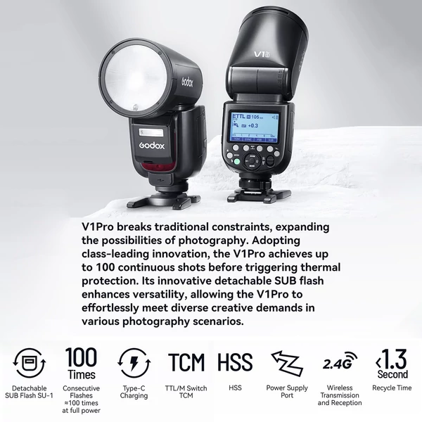 GODOX V1 PRO S 2.4G vezeték nélküli fényképezőgép vaku, kompatibilis a Sony fényképezőgépekkel