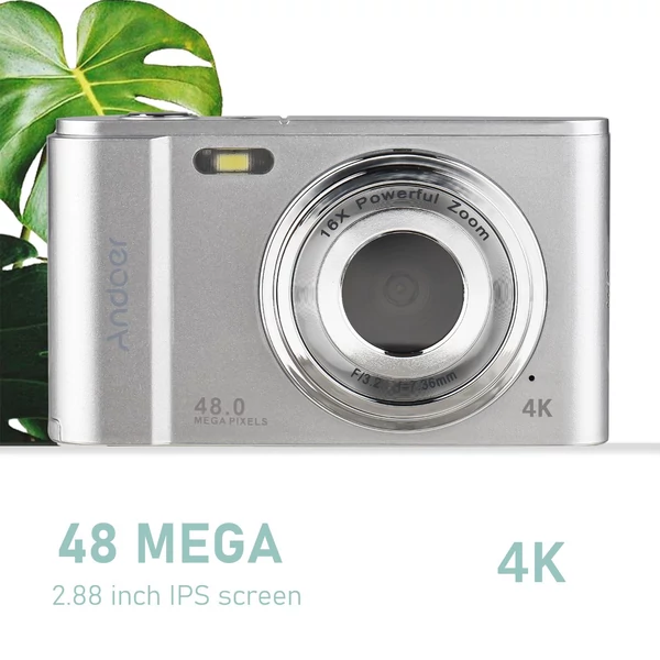 Andoer hordozható digitális fényképezőgép 48MP 4K 2,88 hüvelykes IPS képernyő - Ezüst