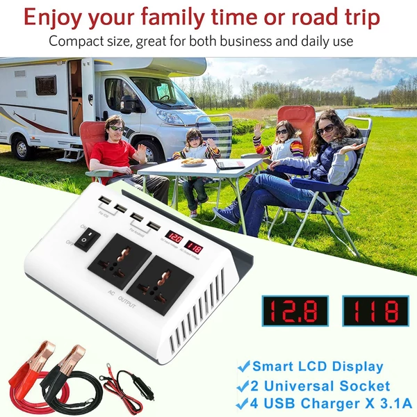 300 W-os teljesítmény inverter DC 12V - AC 220V autós töltő átalakító 4 USB porttal