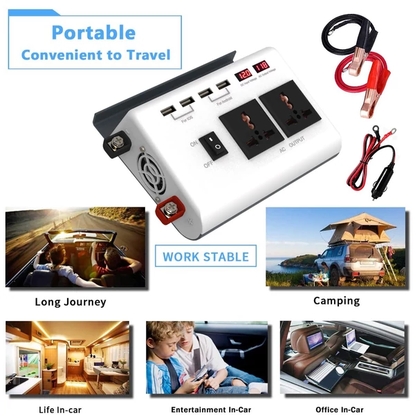 300 W-os teljesítmény inverter DC 12V - AC 220V autós töltő átalakító 4 USB porttal