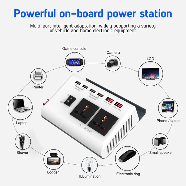 300 W-os teljesítmény inverter DC 12V - AC 220V autós töltő átalakító 4 USB porttal