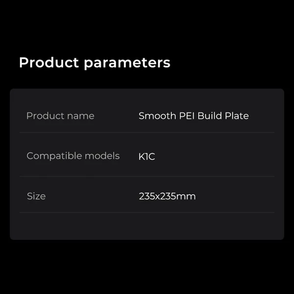 Creality K1C Smooth PEI építőlemez 235x235mm - Puha mágnes nélkül, alkalmas K1C FDM 3D nyomtatóhoz