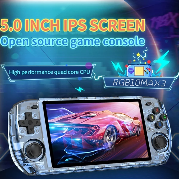 Powkiddy RGB10 Max 3 retro kézi játékkonzol 5,0 hüvelykes, nagy tisztaságú képernyős hordozható emulátor - Kék, 64GB