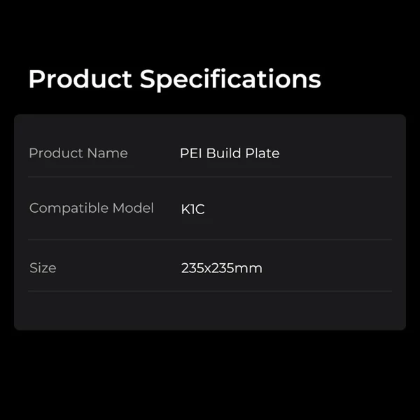 Creality K1C PEI építőlemez 235x235mm - Puha mágnes nélkül, alkalmas K1C FDM 3D nyomtatóhoz